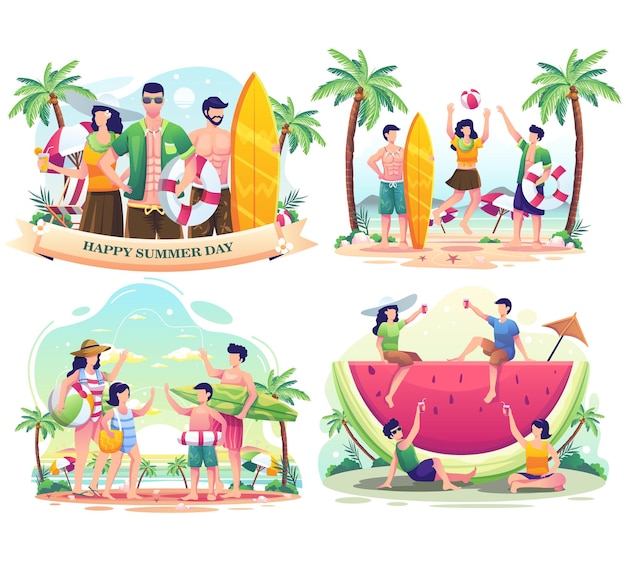 Set bundle of Summer day with People enjoying summer on the beach vector illustration