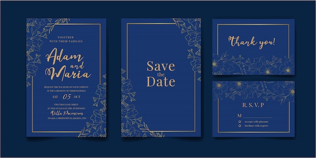 set bundle wedding invitation card with golden leaf floral flower