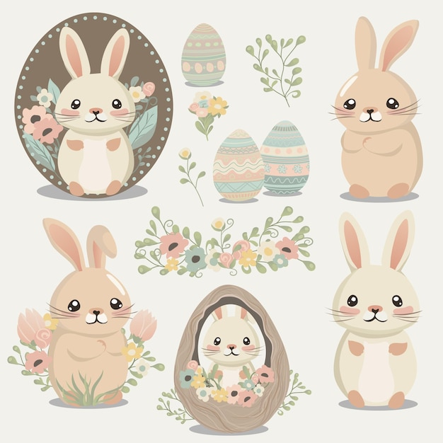 A set of bunny and easter eggs with flowers Easter bunnies easter bunny easter egg easter eggs