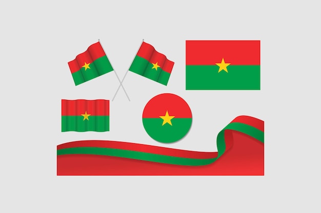 Set Of Burkina Faso Flags In Different Designs Icon Flaying Flags With ribbon With Background