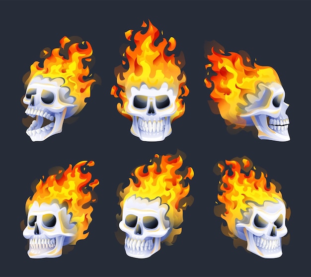 Set of burning skull heads with fire vector illustration