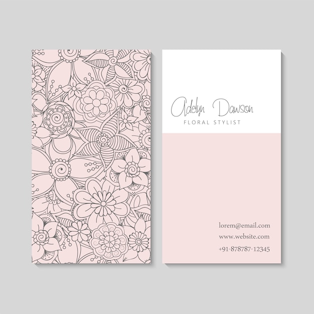 Set of business card with zentangle hand drawn flowers