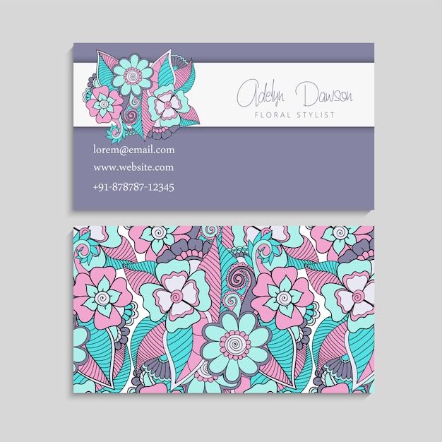 Set of business card with zentangle hand drawn flowers