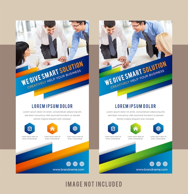 Set of Business  design elements for graphic layout of vertical roll up banner. Modern abstract background template with gradient orange blue diagonal geometric shapes in clean minimal style.