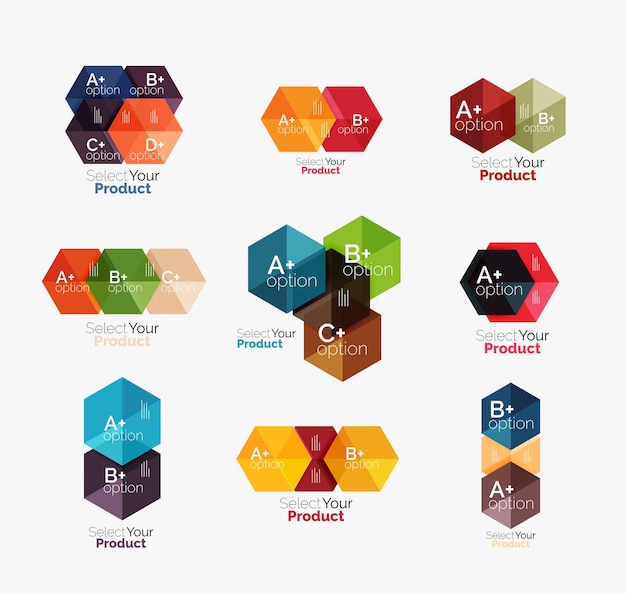 Set of business hexagon layouts with text and options