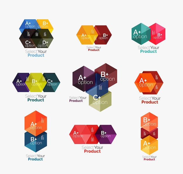 Set of business hexagon layouts with text and options