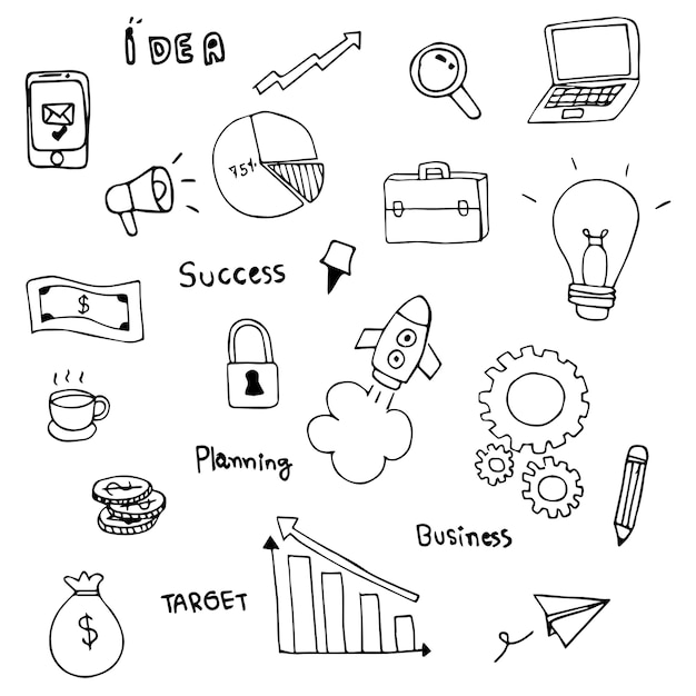 Set of business icons doodle on white background