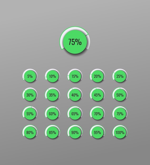 Set of business infographic piechart template with round green elements on a gray background