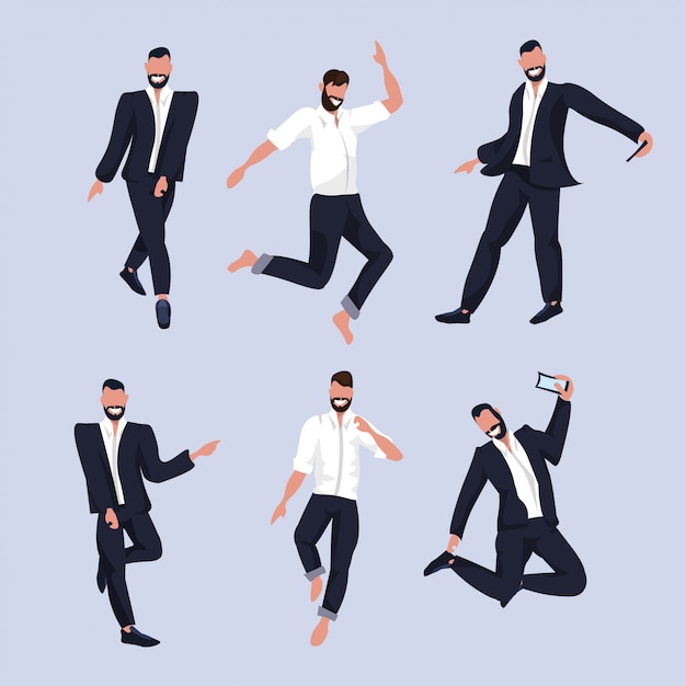 set business men taking selfie photo on smartphone camera businessmen in formal wear collection male cartoon characters posing in suit  full length  illustration