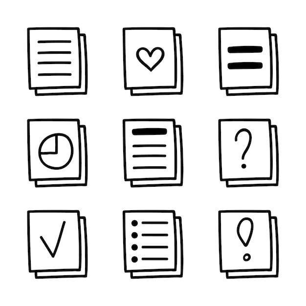 Set of business stickers Notepad sticky sticker in hipster style with list information question mark exclamation point header Vector hand drawn doodle with outline Cute business illustration