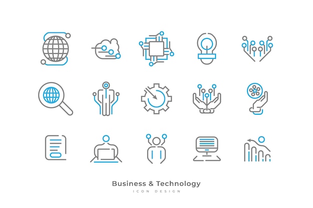 Set of Business and Technology Icons with Simple Line Style Contains Computer Connection Cloud Data Microchip and More