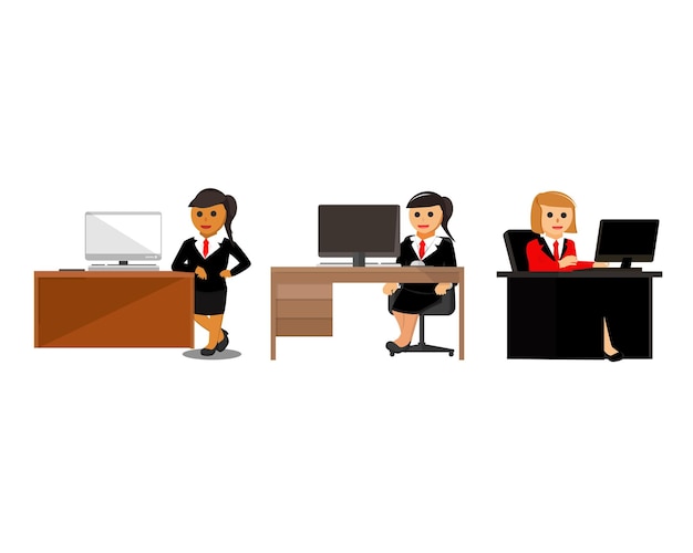 set of business woman at different workplaces, concept of woman boss move diversity vector.