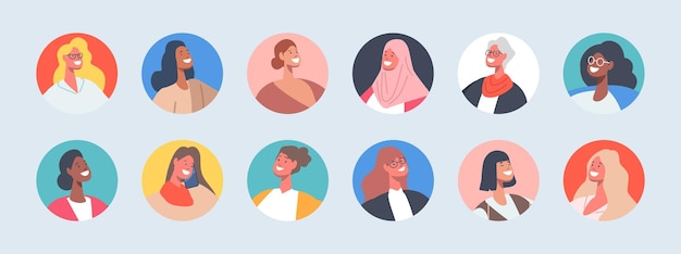 Set of Business Women Avatars Isolated Round Icons Happy Smiling Old and Young Female Characters Different Nationalities Girl Portraits for Social Media Accounts Cartoon People Vector Illustration