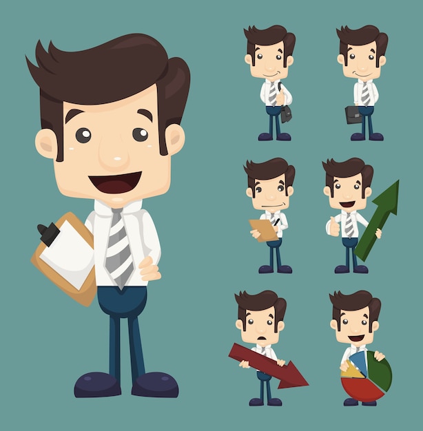 Set of businessman characters poses  with charts 