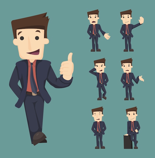 Set of businessman characters poses 