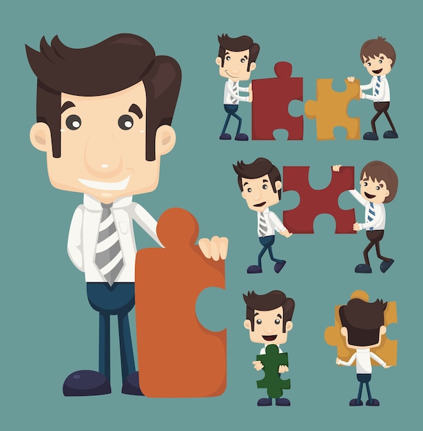 Set of businessman holding up jigsaw puzzle pieces as a solution to a problem 