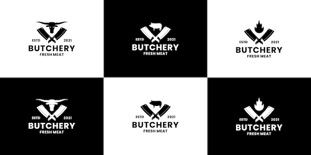 Set of butchery logo design vintage. butchery elements. chef knife and pig combination