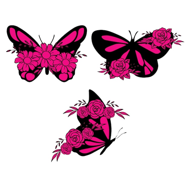 A set of butterflies with pink and black on them and a butterfly on the right.