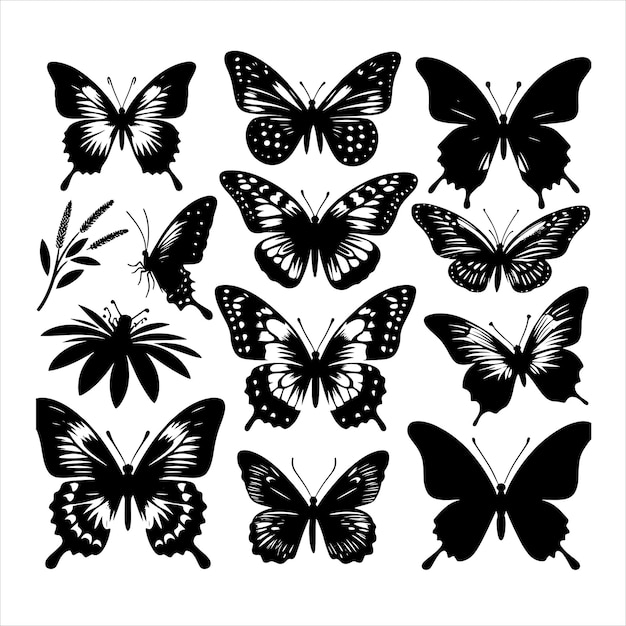 set of Butterfly silhouette vector clip art butterflies white background