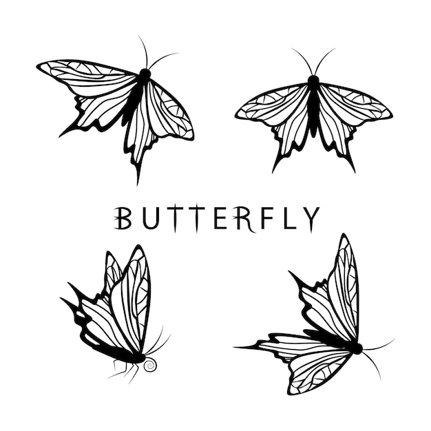 Set of butterfly tattoos vector illustration isolated on white background