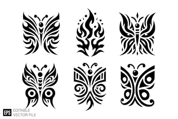 Vector set of butterfly tribal tattoo vector illustration graphic clipart silhouette black and white design