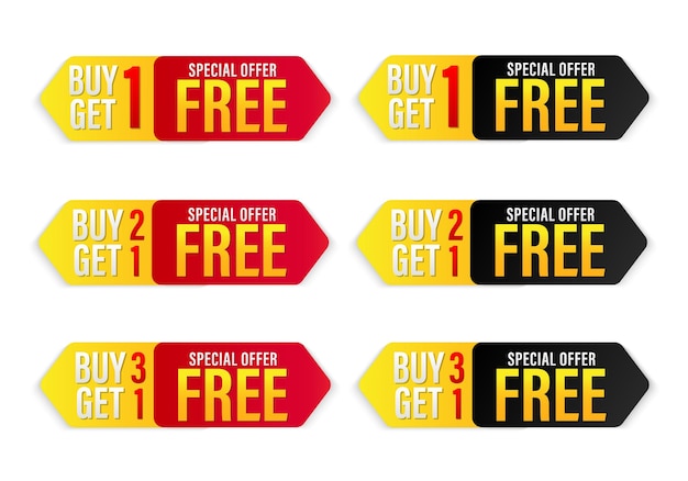 Set of buy 1 get 1 Free tags sale Design red black purple orange and yellow style Banner design template for advertising Special offer promotion or retail Vector Illustration