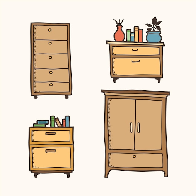 Vector set of cabinet design natural wooden furniture vector illustration