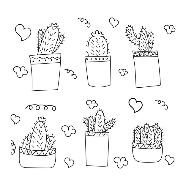 Vector set of cacti in style of doodles on white background