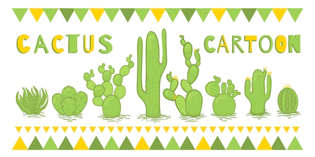 set of cactus stand in a row of green.