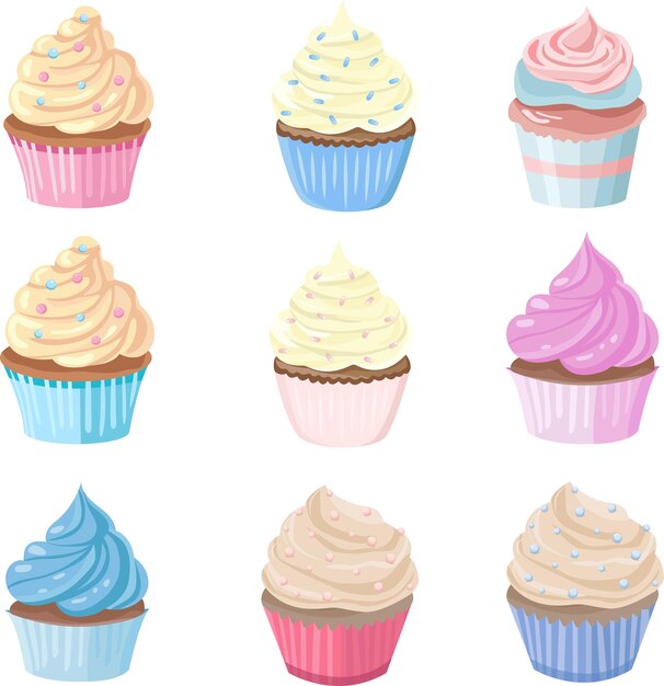 Vector a set of cakes muffins cupcakes in pastel shades confectionery pastries different tastes