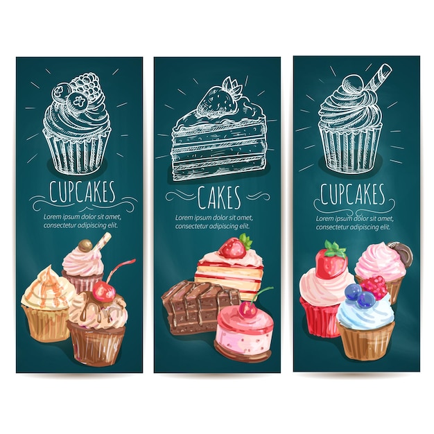 set of cakes vertical banners isolated on white