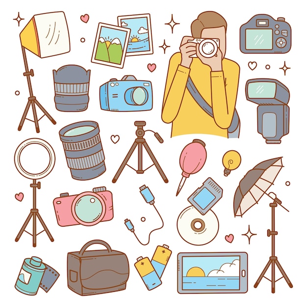 Set of camera and photography doodle hand drawn vector illustration