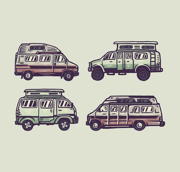 Set of campervan, hand drawn line style with digital color,  illustration