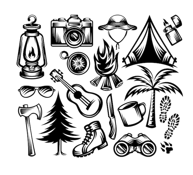 Set of Camping elements Illustration monochrome style isolated