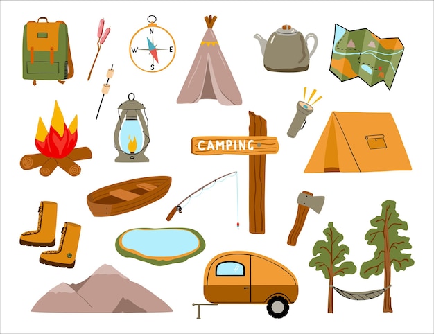 Set of camping equipment for hiking and outdoor recreation handdrawn icons in cartoon style