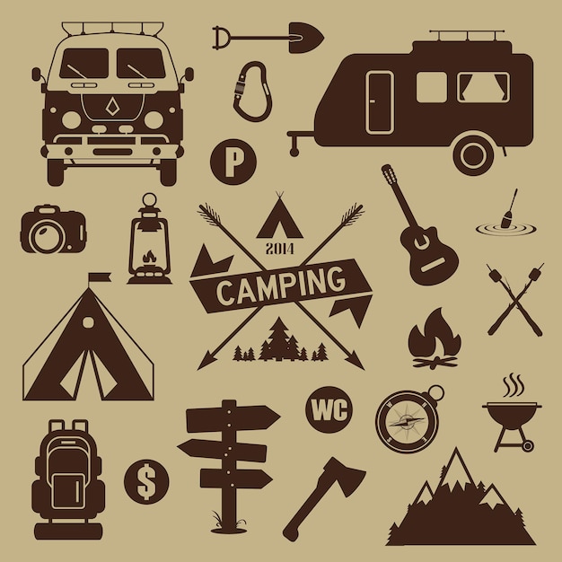 Set of camping equipment and icons