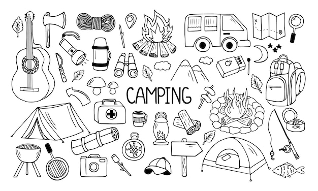 Set of camping and hiking elements in doodle style Hand drawn vector illustration isolated on white background