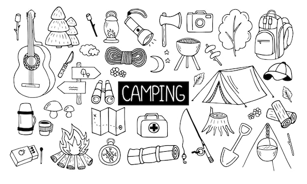 Set of camping and hiking elements in doodle style Hand drawn vector illustration isolated on white background