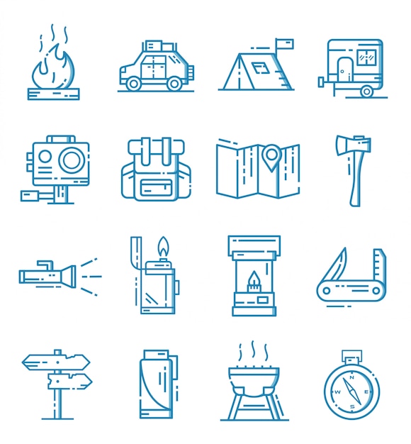 Set of camping icons with outline style