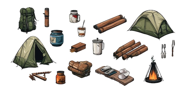 Set of camping illustration equipment on white background