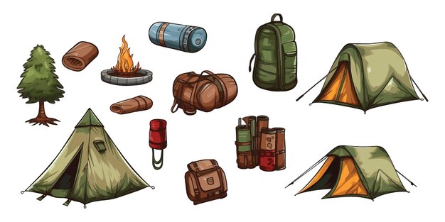 Set of camping illustration equipment on white background