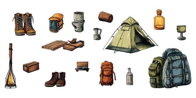 Set of camping illustration equipment on white background