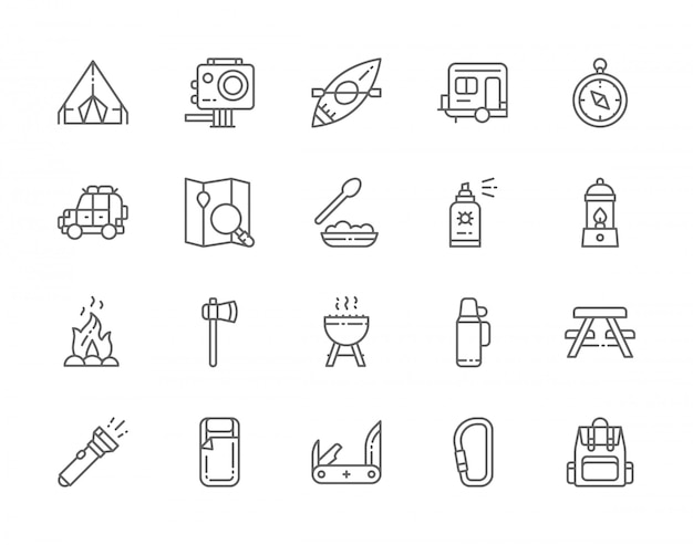 Set of Camping Line Icons. BBQ, Canoe, Trailer, Gas Lamp, Campfire, Axe, Insect Spray, Flashlight, Hiking Food and more.