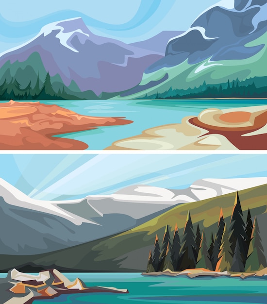 Set of canadian landscapes. Turquoise lakes in the mountains.