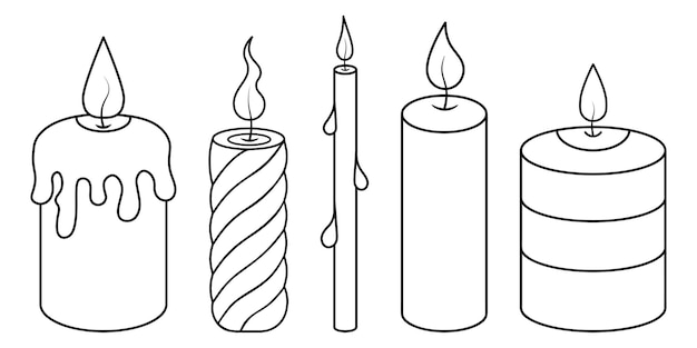 Set of candles with burning flames of various shapes in doodle style