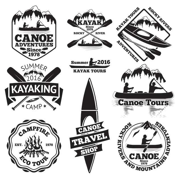 Vector set of canoe and kayak labels two man in a boat boats oars mountains campfire forest