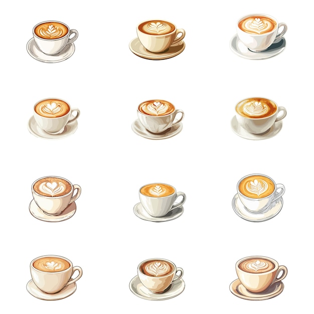 Vector set of cappuccino coffee cup with latte art in a vector cartoon illustration isolated on a white background