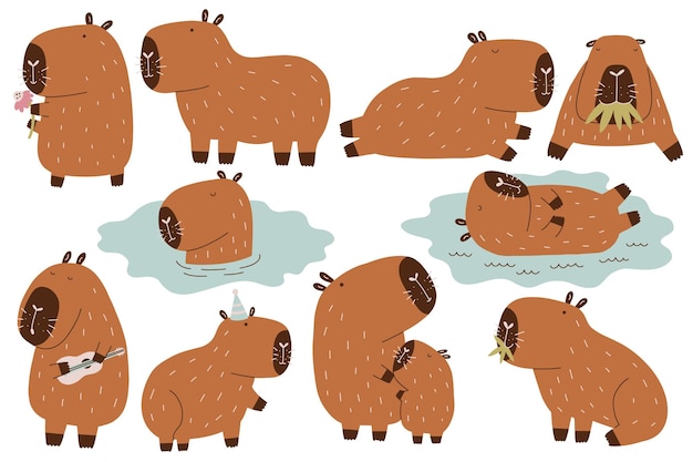 Vector set capybara cute water animal vector collection funny rodent in hand drawn style