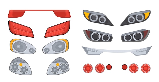 Vector set of car headlights concept parts and elements of transport engine and modification tuning of vehicles and automobiles cartoon flat vector collection isolated on white background