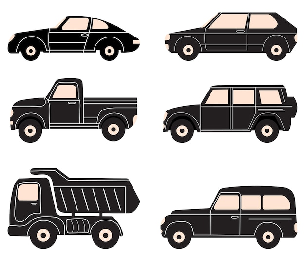 Set of car silhouettes in doodle style isolated vector